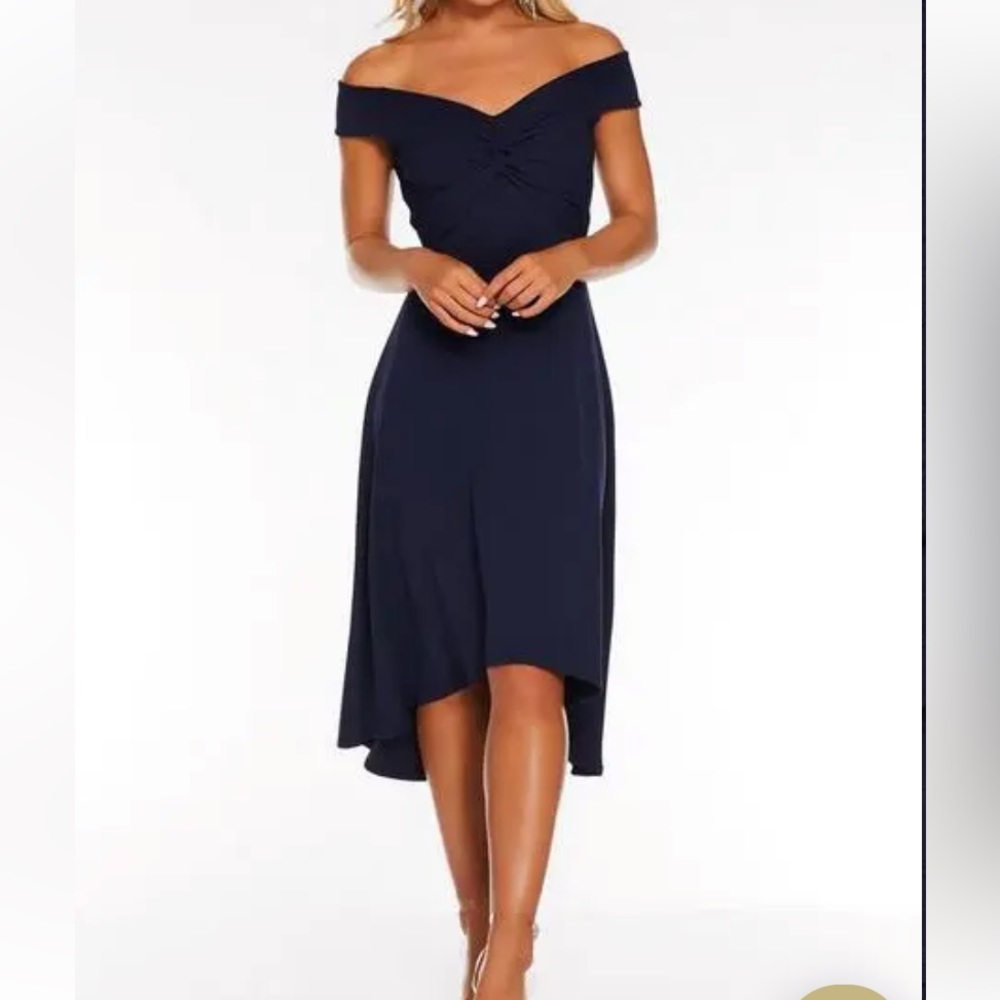 Quiz Navy Blue Off the Shoulder Knot Front Dip Hem Dress, US size 6